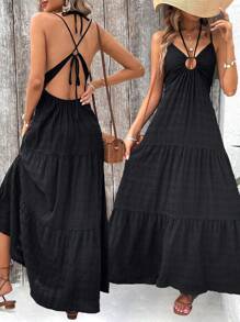 SHEIN LUNE Đầm Maxi hở lưng nhiều lớp họa tiết hở lưng có dây buộc cho trang phục mùa hè dành cho nữ - màu đen - Xem 1