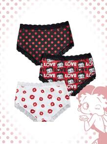 Betty Boop | ROMWE Lace Panel & Cartoon Printed Ladies Triangle Panties 3pcs/Set - Multicolor - View 2