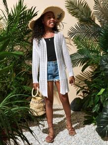 SHEIN Áo len cardigan đi biển dài tay màu trơn phong cách kỳ nghỉ hè của các cô gái Tween - trắng - Xem 5