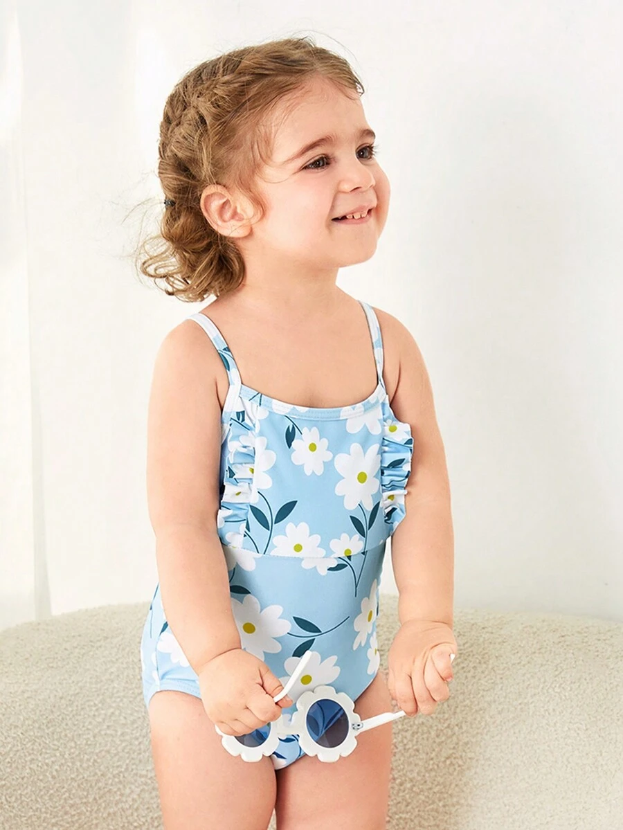 嬰兒女童泳衣，花卉印花荷葉邊連體泳衣 - 彩色 - 查看 1