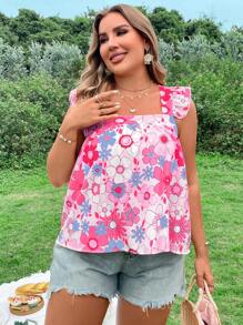 Flirla Maglietta estiva con maniche corte e stampa floreale per donne taglie comode, decorata con fiocco dietro