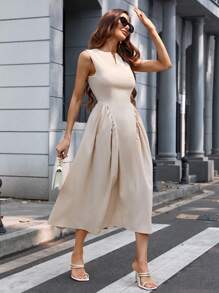 GENKIRA Women's Commuting High-Waisted Long Dress With Pleats And Wrinkles At Both Sides - Khaki - View 1