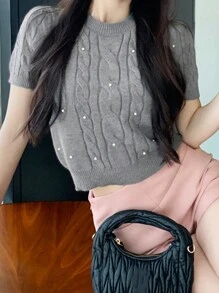 夏季新款宽松休闲百搭纯色短袖针织女式上衣 - 灰色 - 查看 2