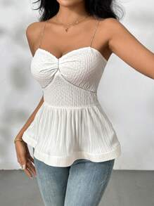 SHEIN Privé Camiseta de tirantes con cadena blanca y adorno de rhinestones, camiseta de tirantes con volante en el ruedo para mujer