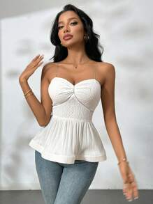 SHEIN Privé Camiseta de tirantes con cadena blanca y adorno de rhinestones, camiseta de tirantes con volante en el ruedo para mujer
