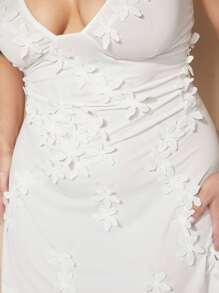 SHEIN BAE Plus Size Women's Sweet Summer A-Hem Floral Applique Spaghetti Strap White Short Dress - White - View 7