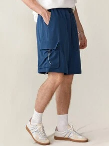 Manfinity VCAY 男士純色束腰側口袋休閒夏季短褲 - 藍色 - 查看 6