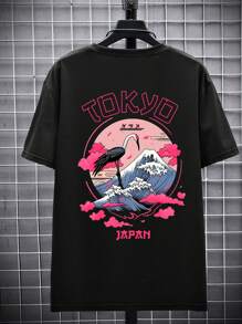 Camiseta de manga corta de cuello redondo casual de verano para hombre con estampado de letra y ola