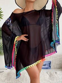 SHEIN Swim 夏季女士圆领透视罩衫，带绒球，蝙蝠袖宽松罩衫，适合度假 - 黑色 - 查看 4