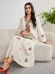 Al Najma 女式优雅花卉刺绣长袖端庄喇叭袖连衣裙，适合春夏季