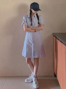 DAZY 女士休闲条纹日常连衣裙太阳裙衬衫裙 - 藍色 - 查看 6