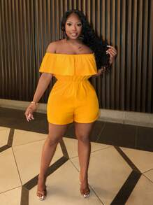 Slaydiva Off-The-Shoulder Orange Women Jumpsuit With Ruffle Trim For Vacation - Orange - View 4