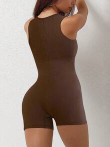 Casual Knit Ribbed Fabric Sleeveless Romper Unitard - Brown - View 2