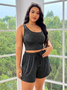 SHEIN EZwear Bộ đồ thể thao bằng vải lưới tổ ong đầy màu sắc cỡ lớn dành cho nữ, bao gồm áo vest và quần short - Màu xám đen - Xem 3