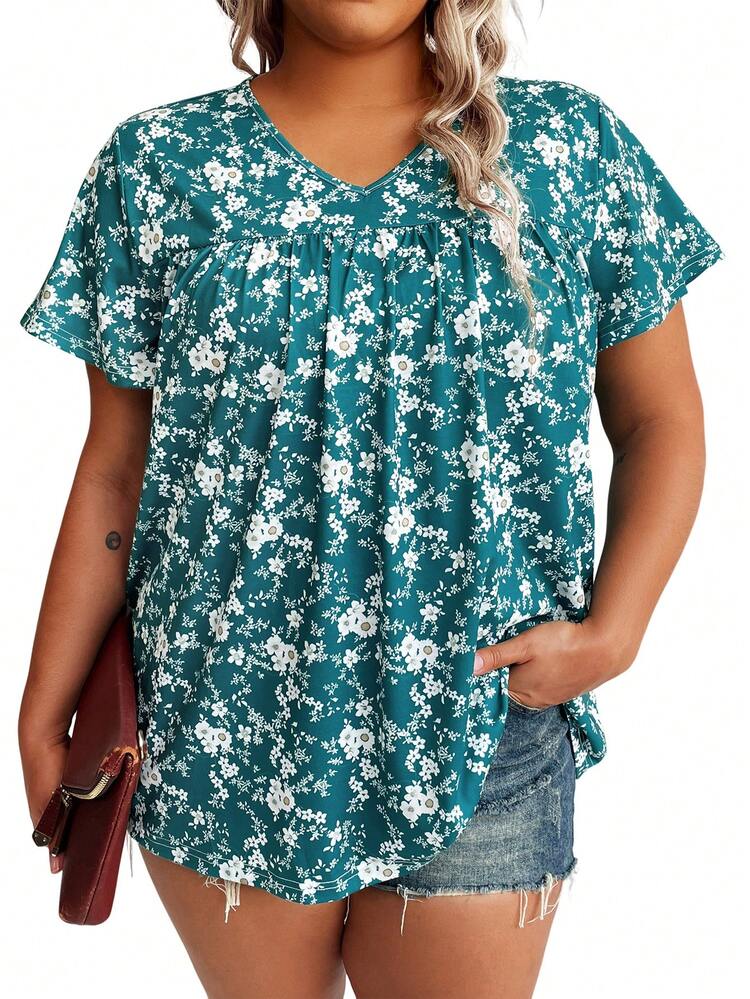 Plus Size Women Summer Floral Printed V-Neck Short Sleeve Loose T-Shirt