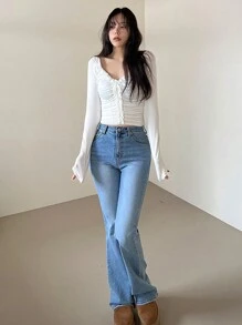 DAZY 女式纯色褶皱修身 T 恤，前系带，春夏季长袖女式上衣 - 白色 - 查看 8