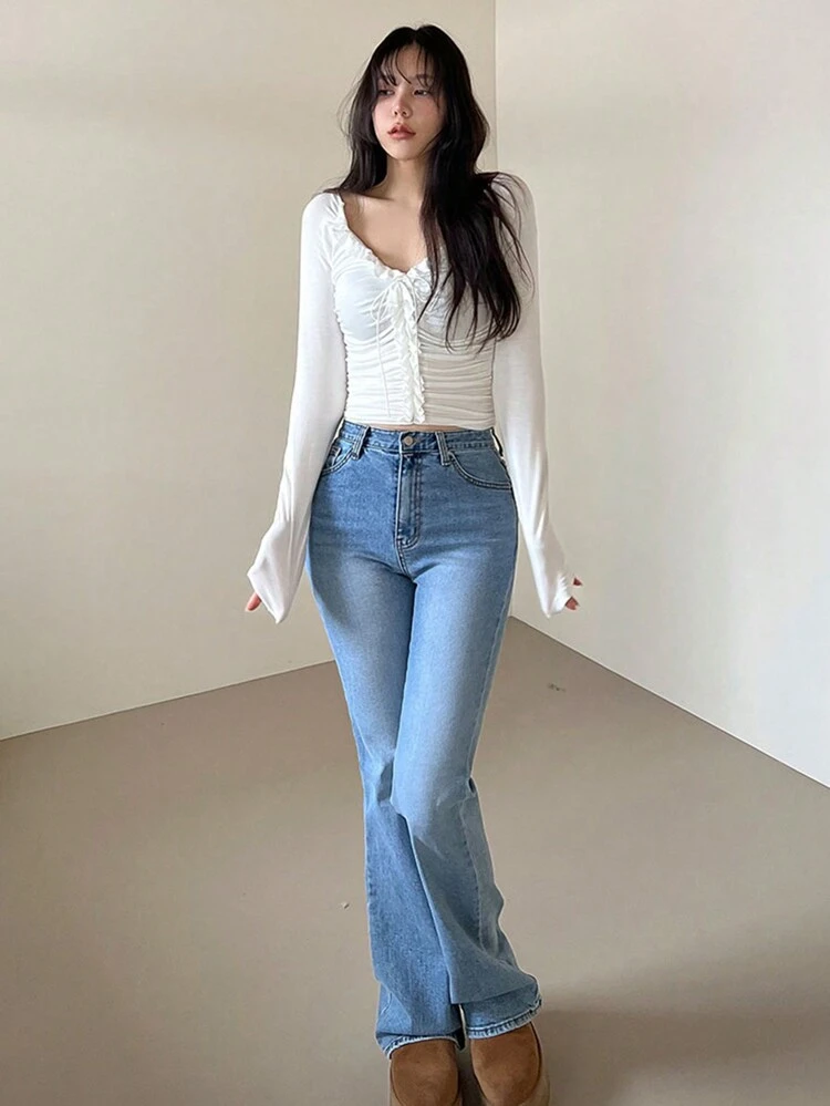 Women Solid Color Ruched Slim Fit T-Shirt With Front Tie, Spring Summer Top Long Sleeve Women Tops