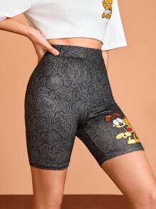 GARFIELD X SHEIN Women Casual Sports Cartoon Printed Elastic Waist Cycling Shorts Workout Black Leggings For Summer