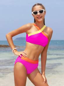 SHEIN Conjunto de bikini sin aros de bloques de color para adolescente, conjunto de bikini para playa y ocio en verano, playa de verano