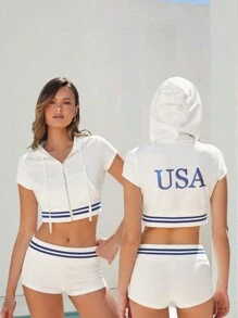 Forever 21 Glitter Letter Embroidery Striped Hooded Top And Shorts Sports Casual Set