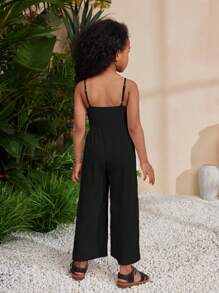 SHEIN Young Girl Spring/Summer Knit Solid Color Spaghetti Strap Jumpsuit For Holiday & Leisure