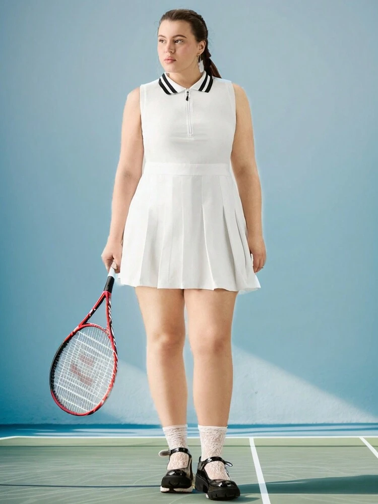 Plus Size Women Summer Striped Zipper Half-Buttoned Sleeveless Pleated Hem School Style Dress