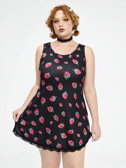 Kawaii Plus Size Strawberry Printed Lace Patchwork Loungewear Dress, Country Style