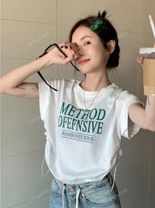 Women Summer Short Sleeve White T-Shirt With Letter Print Round Neckline, Designed For A Loose Fit And Featuring Drawstring Detailing