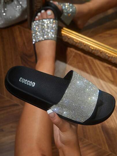 CUCCOO EASI Woman Shoes Rhinestone Decor Single Band Slides For Summer Vacation Shoes Summer Back To School Shoes College Student Shoes Shoes For Women Sneakers Spring Shoes Spring Break Easter For Casual Beach Style