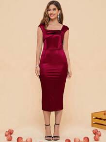 MUXXN 复古 1950 年代工作风格缎面鸡尾酒会铅笔裙婚礼宾客礼服