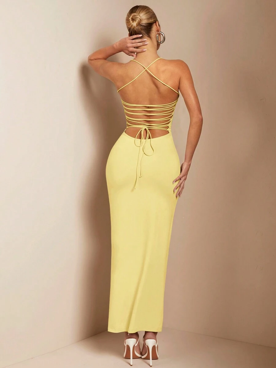 SHEIN BAE 女士純色優雅露背領口修身長裙 - 黃色 - 查看 1