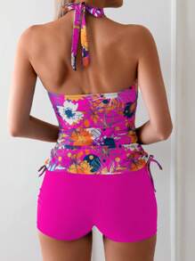SHEIN Swim Women's Floral Print Side Tie Halter Neck Tankini Set With Boyshorts, Perfect For Vacation, Random Print,Summer Beach - Multicolor - View 2