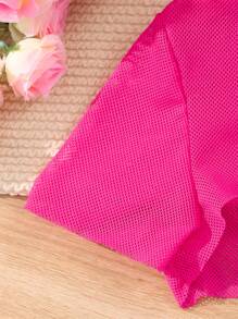 SHEIN Conjunto de 3 piezas para niña preadolescente: Top de tirantes con mangas cortas de malla con letras impresas y shorts de malla de moda - Rosa Fucsia - Ver 6