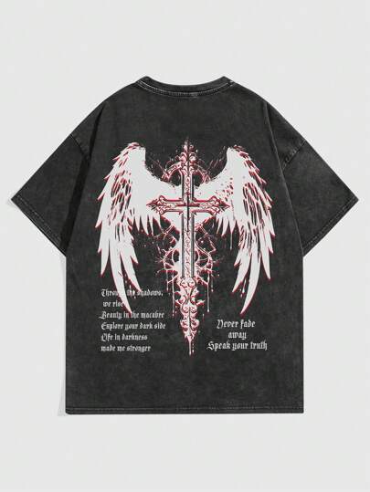 Grunge Punk Men High Street Vintage Distressed Snow-Washed Round Neck T-Shirt, Perfect For Casual Daily Wear In Spring And Summer, School