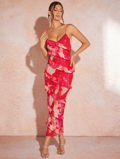 SHEIN BAE Women's Fashionable Ruffled Strap Midi Dress