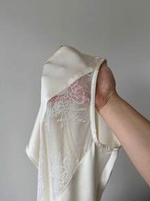 Islaluna Sleeveless Satin Splice Lace Round Neck A-Line Dress - Beige - View 7