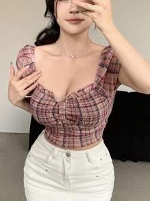 DAZY Women's Plaid Off-Shoulder Puff Sleeve Blouse Summer,Crop Tops Women,Off Shoulder Top,Back To School Clothes - Red - View 7