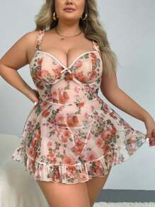 Plus Size Printed Mesh Lingerie Dress (With Underwire, Thong) 2pcs/Set