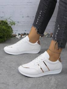 Fashion Women Flat Shoes, Autumn/Winter Korean Style Letter Print Casual Sports Sneakers, White Running Shoes With Soft Sole