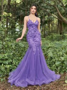 Faeriesty Luxe Floral Applique Backless Mermaid Hem Cami Dress