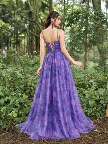Faeriesty Vestido de baile con corte corset, espalda cruzada con encaje y detalles plisados en el busto. - Morado - Ver 2