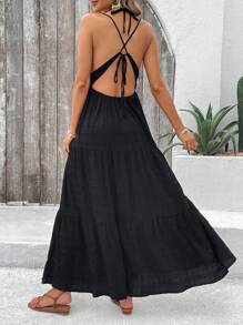 SHEIN LUNE Đầm Maxi hở lưng nhiều lớp họa tiết hở lưng có dây buộc cho trang phục mùa hè dành cho nữ - màu đen - Xem 6