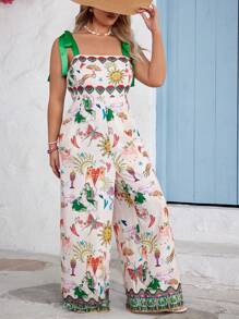SHEIN VCAY Plus Size Allover Print Spaghetti Strap Jumpsuit For Vacation And Leisure - Multicolor - View 4