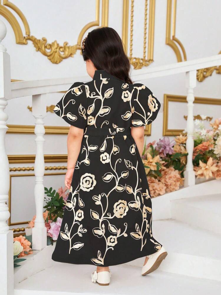 Young Girl Graceful Embroidered Lantern Sleeve Long Dress