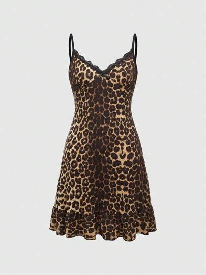 Grunge Punk Sassy Leopard Print Lace Trim Cami Dress For Women, School