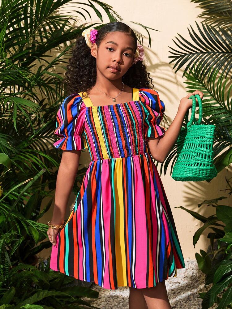 Tween Girl Vacation Casual Spring/Summer Woven Striped Square Neck Short Sleeve Dress