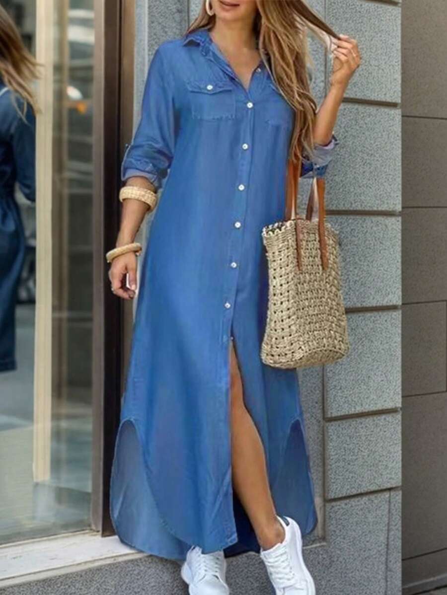 EMERY ROSE Women's Roll Up Sleeve Shirt Dress Maxi Women Outfit Fall Cloth For Women