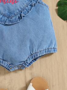 SHEIN Salopette in denim per bambine con motivo 'Love' e ricamo con lettere, adatte per esterni e tempo libero, tessuto lavato ad acqua confortevole