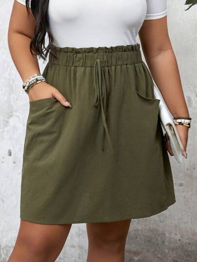 SHEIN LUNE Plus Size Women Halloween Coffee Brown Elastic Waist Fashionable Skirt