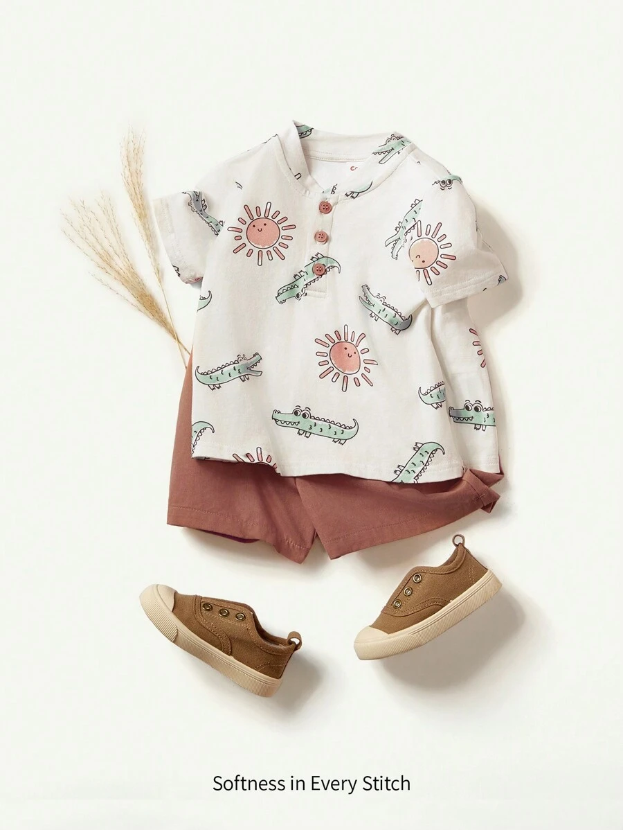 Cozy Pixies Baby Boy Cartoon Animal Pattern Soft Knit Round Neck Short Sleeve Pullover Top And Solid Color Shorts Set